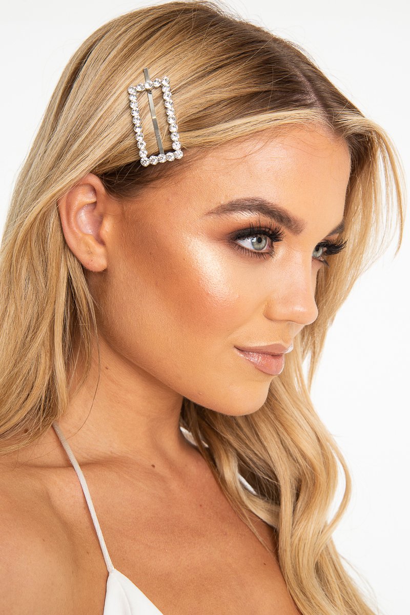Silver Rectangle Diamante Detail Barrette - Bianca