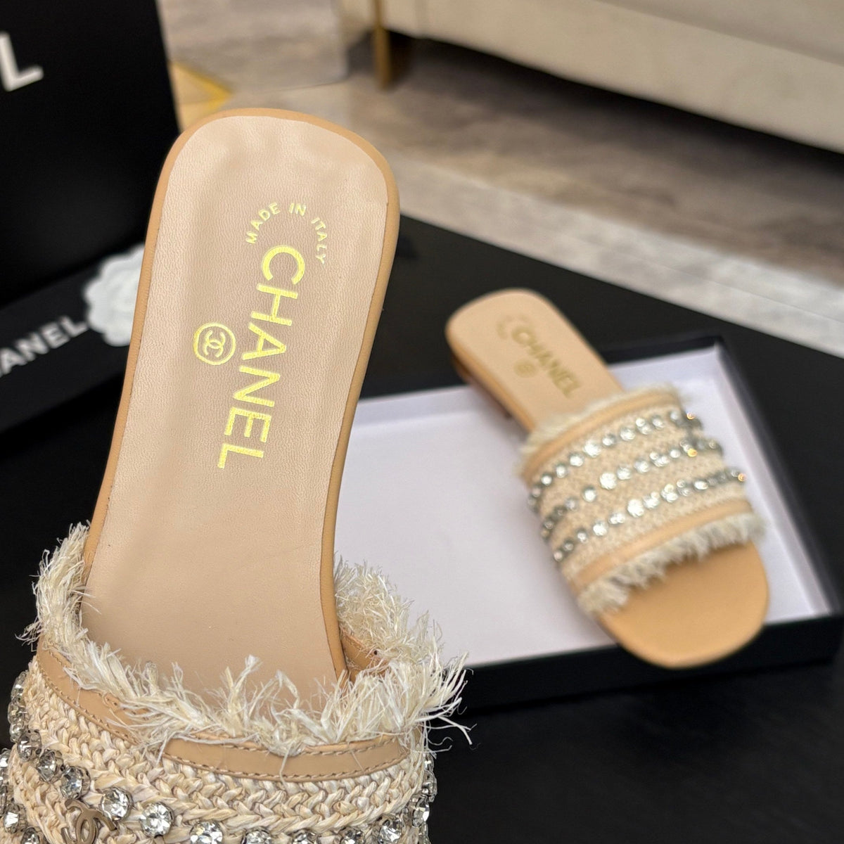 FLAT SANDALS BEIGE MIX LIGHT ORANGE WITH CRYSTALS