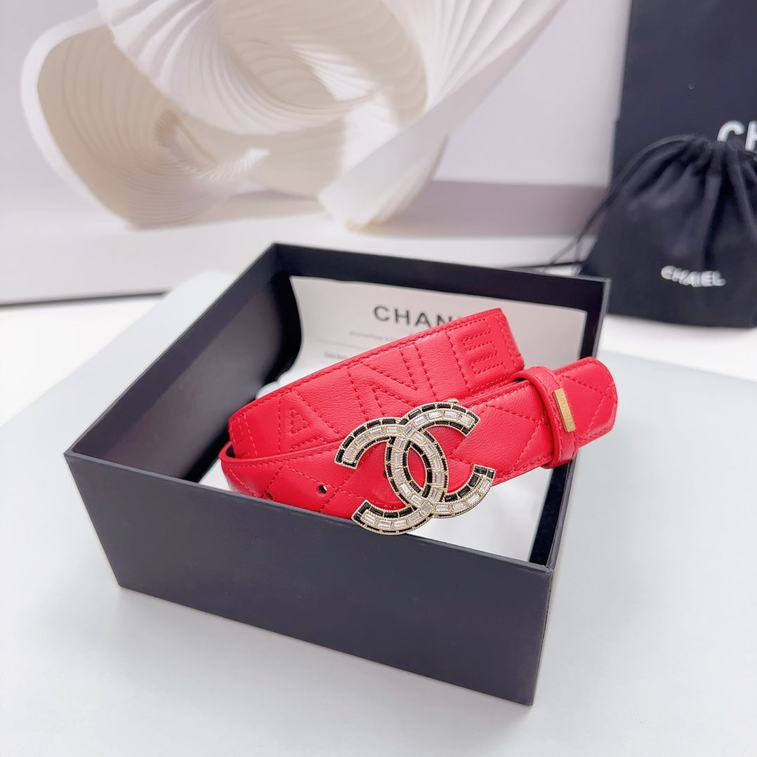 CC 30MM BELT IN CHERRY RED EMBROIDERED CALFSKIN METAL HARDWARE